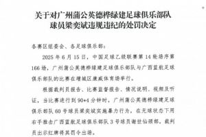 官方：广州蒲公英球员梁奕斌暴力犯规，将停赛3场、罚款1.5万